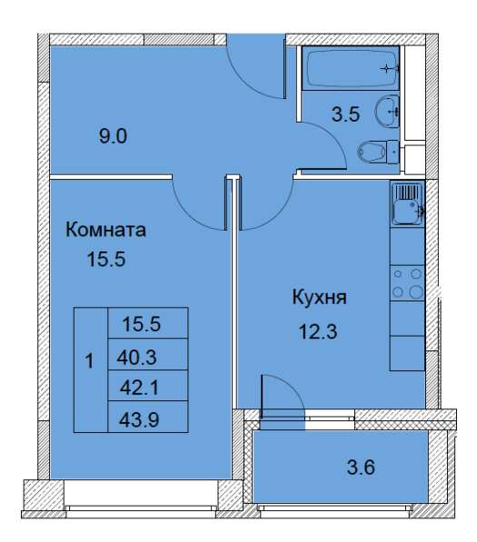 1-к квартира, улица Советская, дом 6, площадь 42,1 этаж 15