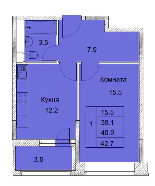 1-к квартира, улица Советская, дом 6, площадь 40,9, этаж 4