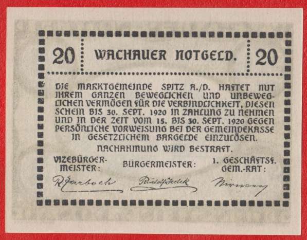 Австрия Дюрнштейн нотгельд 20 геллеров 1920 г. в Орле
