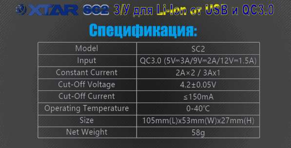 Xtar Быстрое З/У для 2-х Li-Ion аккумуляторов XTAR SC2 от QC3.0 в Москве